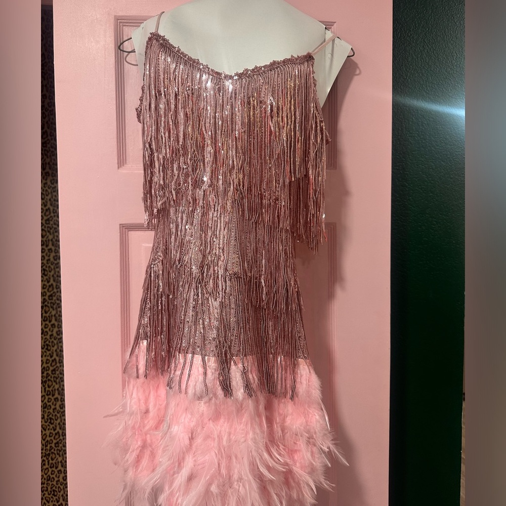Pink sequin fringe and feather dress - Picture 2 of 4